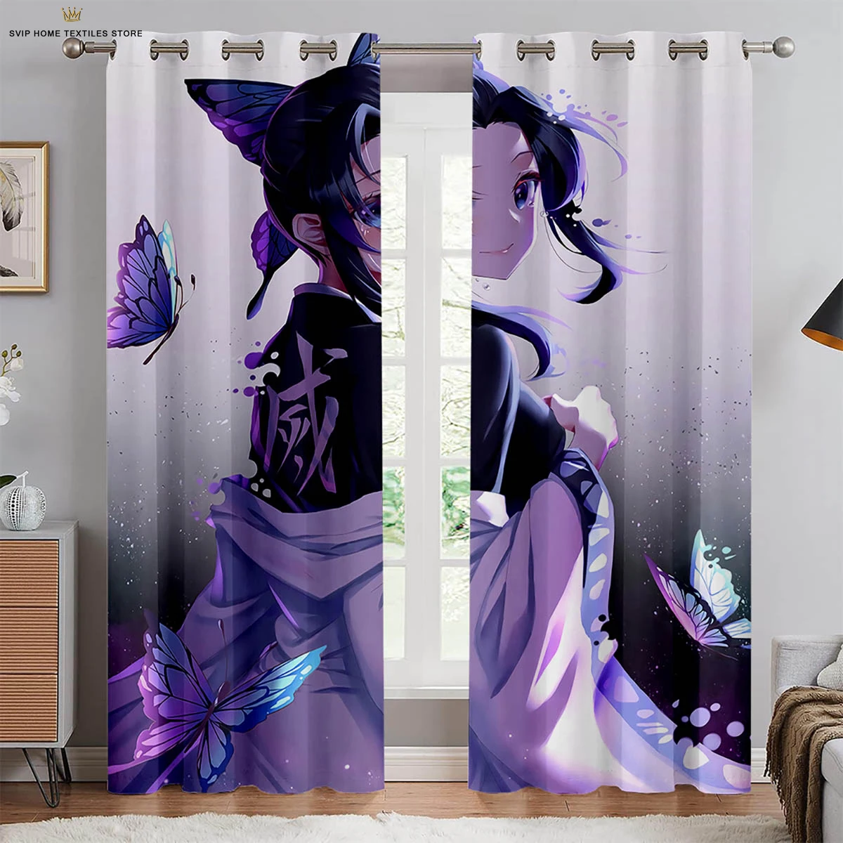 

Hot-Blooded Anime Cartoon Printed Curtains, Black Silk Material, Study, Dormitory, Bedroom, High Quality