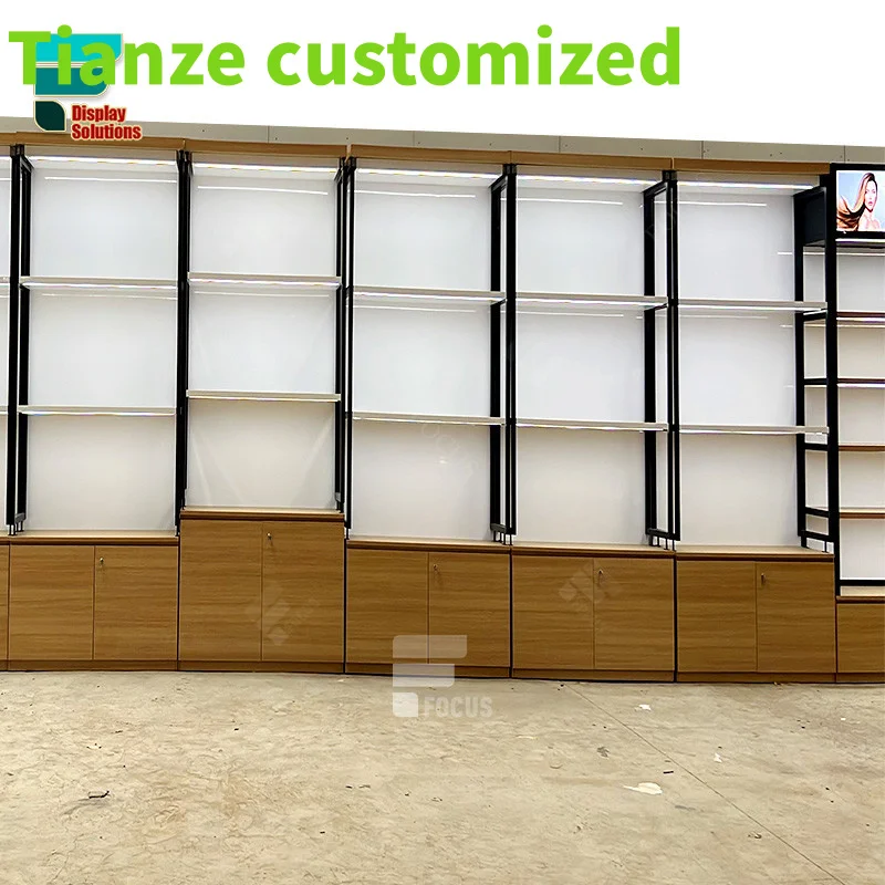 

Customized-beauty showcase shop furniture supply cosmetic hairwall shelves wigs