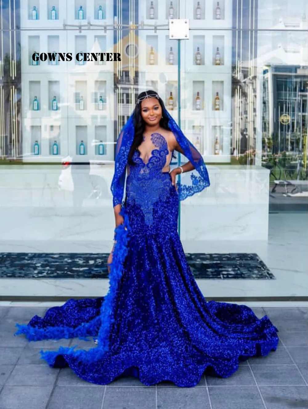 

King Blue Sequine Mermaid Prom Dresses With Headtail Rhinestone Elegant Dress For Wedding Party Black Girls Evening Customized