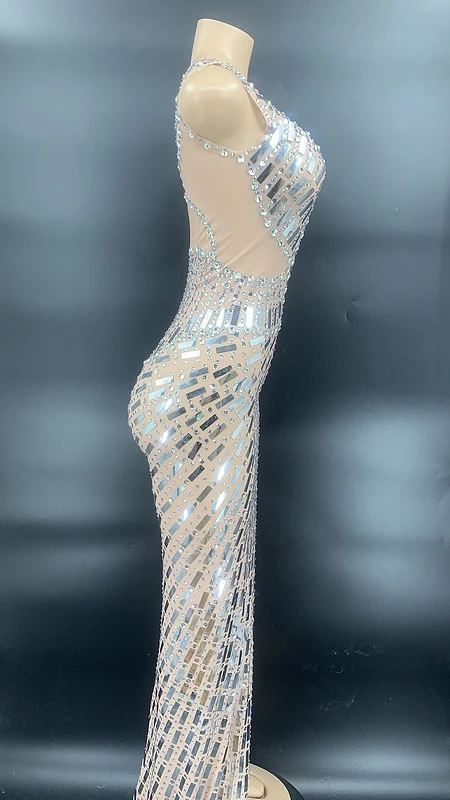 فستان شبكي بأكمام واحدة ومنظور منفصل فضي لامع مزين بالترتر وحجر الراين للحفلات الراقصة وحفلات أعياد الميلاد