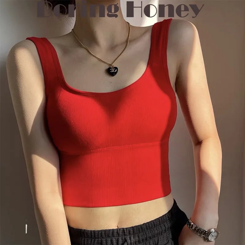 Boring Honey Bar Top Summer V-Neck Rib Crop Tank Top Women Sleevelees Sports Bar Korean Style Slim Fit Base Shirt Women Clothing