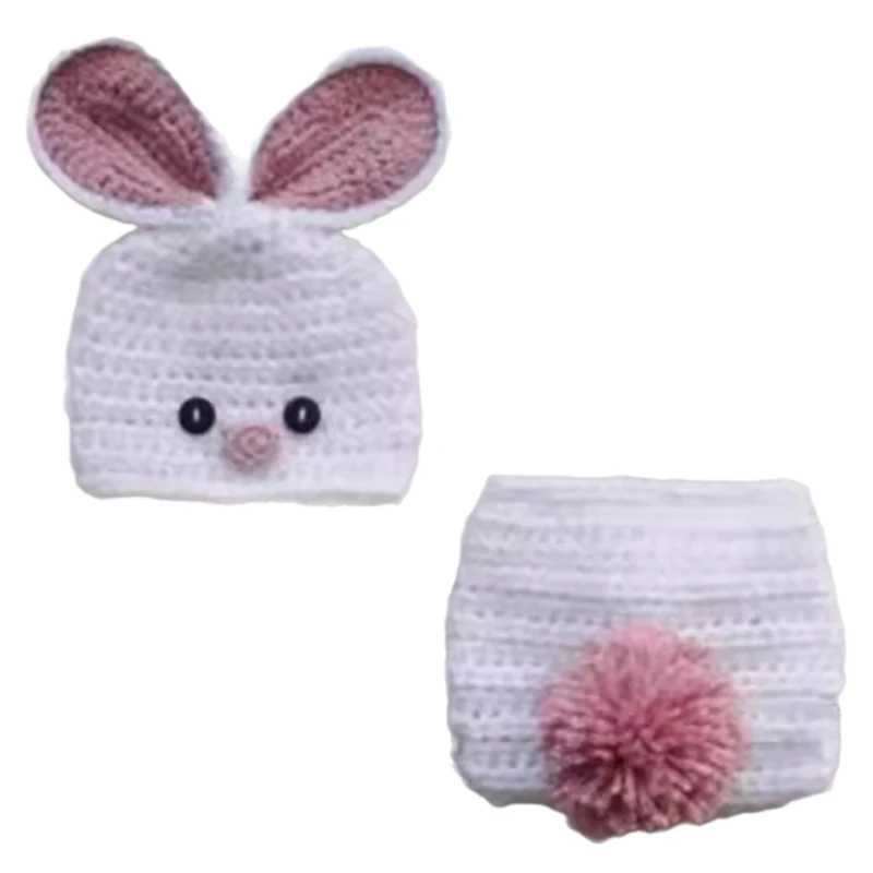 Cosy Rabbit Hat and Pants Set Comfortable Outfit Woolen Yarn Hat and Pants Photoshoots Attire Props for Baby Infants