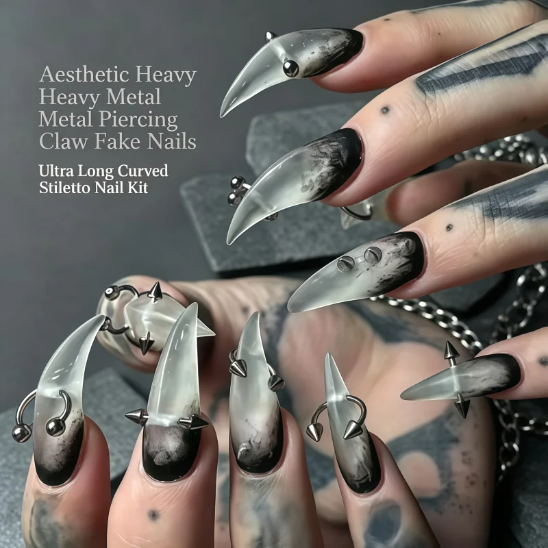 New10PCS Translucent black smoky gradient curved claw-shaped nail stickers with Gothic style silver spiky perforated decorations