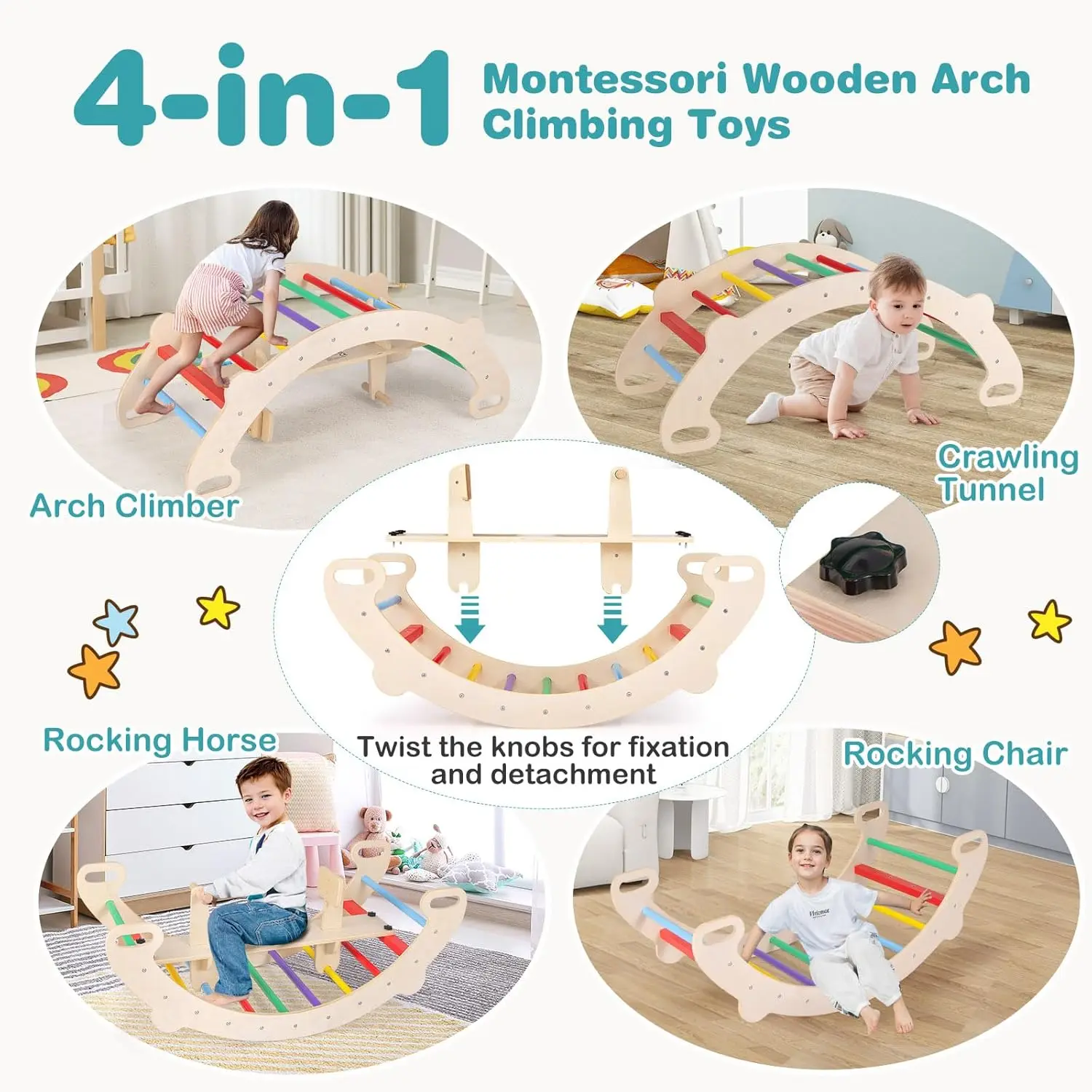 Wooden Arch Rocker, 4-in-1 Montessori Rocking Toys for Toddlers with Easy-Grip Handles, Children Indoor Gym Learning Rocker Play
