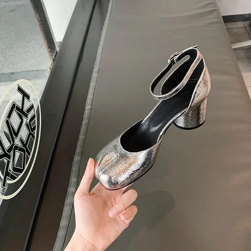 Women Split Toe Woman 5cm Heels Mary Janes Round High Heel Shoes Buckle Strap Shallow Sandals Shoes
