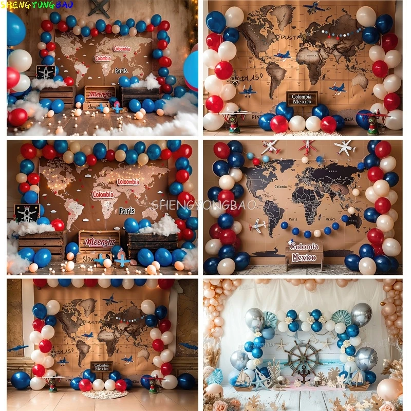 

Balloon Navigation Starfish Sailboat Photography Backdrops Birthday Party Decor Fishing Net Photo Studio Background HJ-05