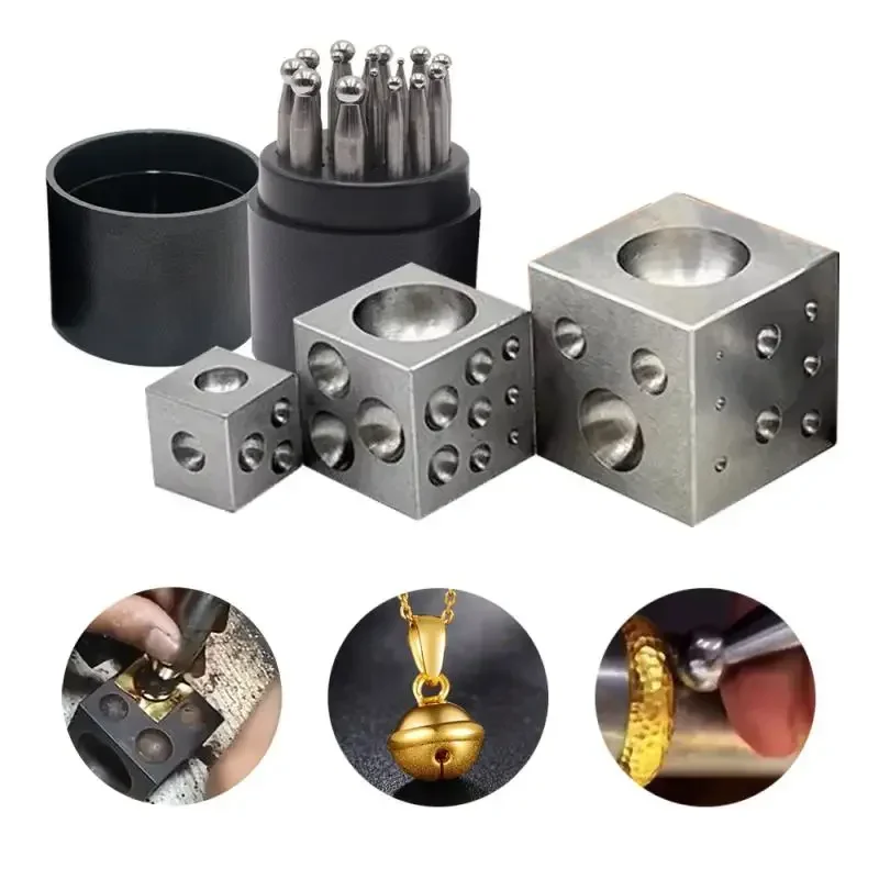 

1" 1.5" 2" Steel Dapping Block Steel Square Die Steel Dapping Cube, 17 Pcs Round Circle Semi Circular Concave Punch Kit