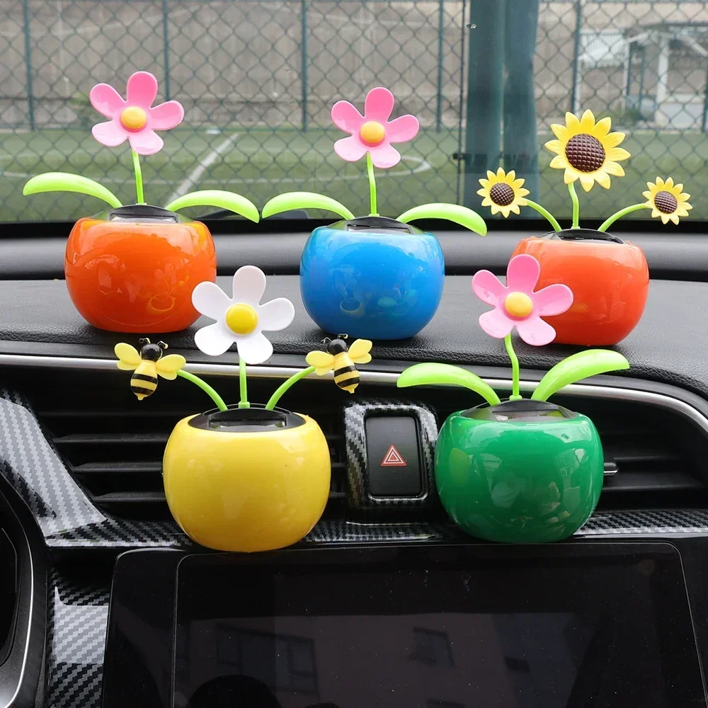 Car Ornament Solar Powered Dancing Shaking Head Cartoon Sun Flower Pot Automobile Auto Dashboard Decoration Cute Car Accessories