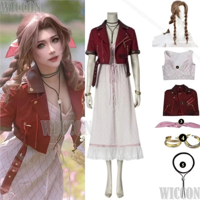 Game FF7 Adult Aerith Gainsborough Cosplay Final Fantasy Remake Halloween Outfit Fancy Women Red Jacket Pink Dress Customized