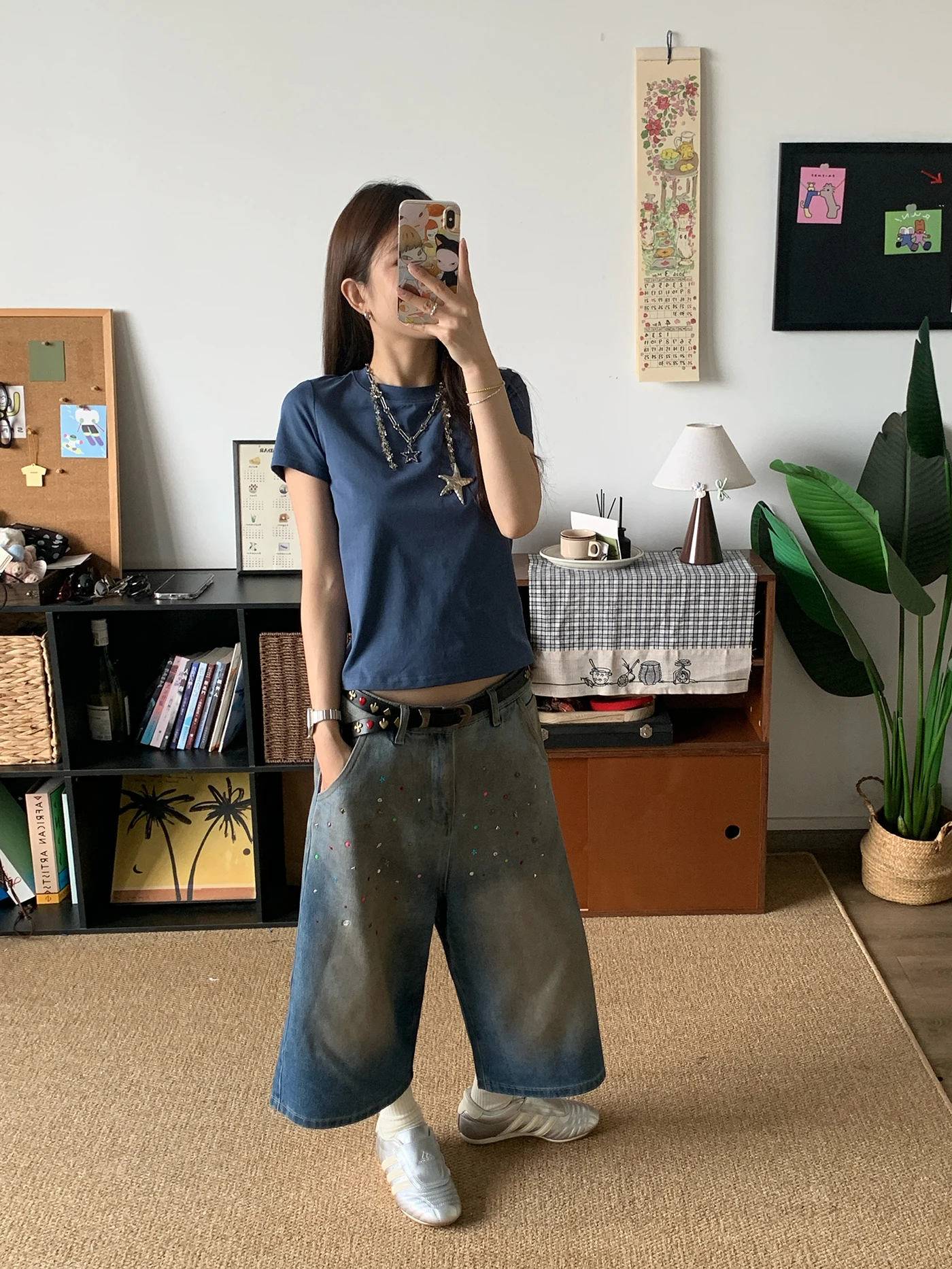 

Retro Diamond Faded Denim Jeans Women's Oversized Wide Leg Versatile Summer Bright Thread Glitter Natural Waist Zipper Closure