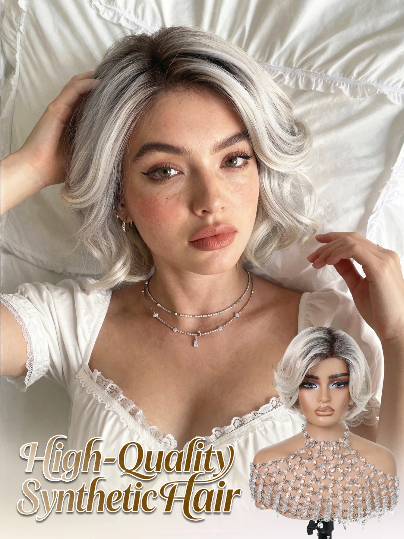 Silver Grey Ombre Short Bob MONO Synthetic Wig Hand Tied Mono Top Import High Temp Fiber Breathable Adjustable Cap Daily Wig For