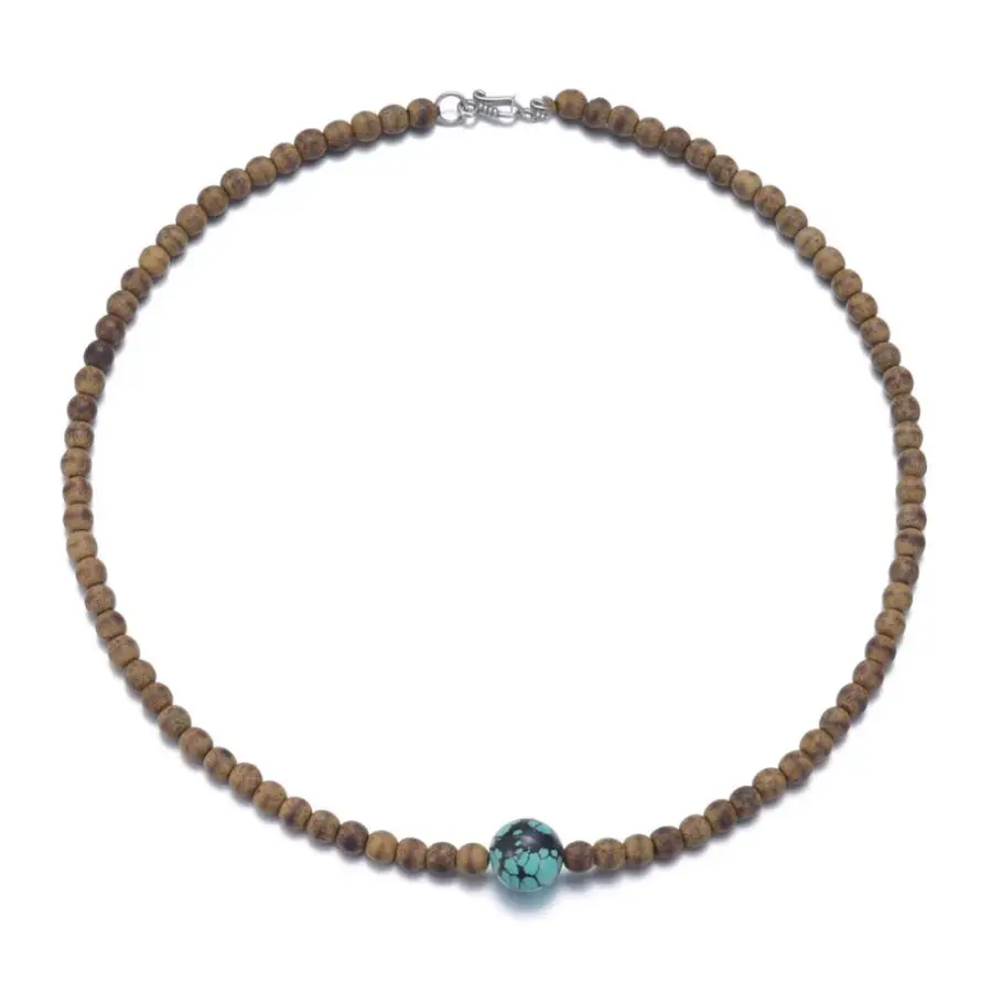 Handmade Genuine Agarwood Mini Bead Choker with Turquoise Ball Pendant Fashion Jewelry Gift for Him