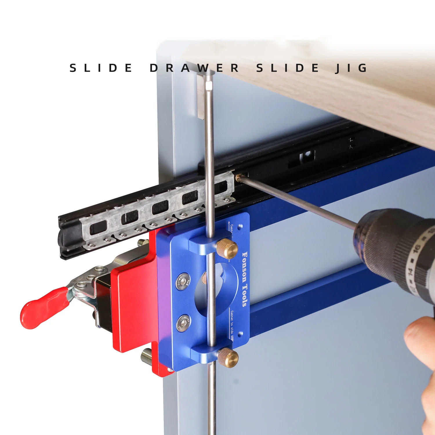 Adjustable Woodworking Cabinet Hidden Rail Drilling Locator with Extension Rod Punching Installation Jig for Drawer Slide Rail