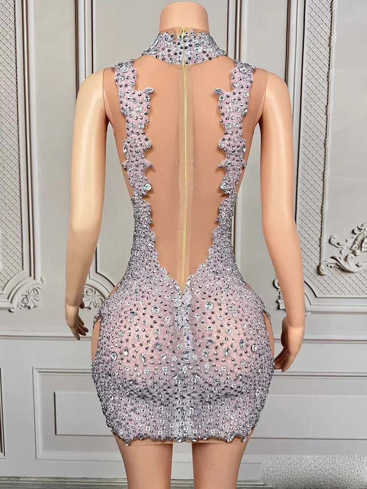 Hochwertiges, heißprägenes, sexy elastisches Mesh-Kleid, 2025, neue Mode, individuelle Damenbekleidung