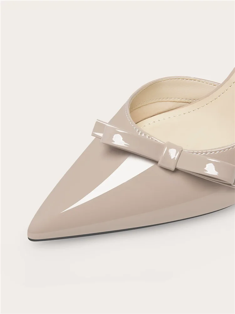 Spring and summer new pointed side empty patent leather bow small size sandals banquet large size widened high heels women shoes