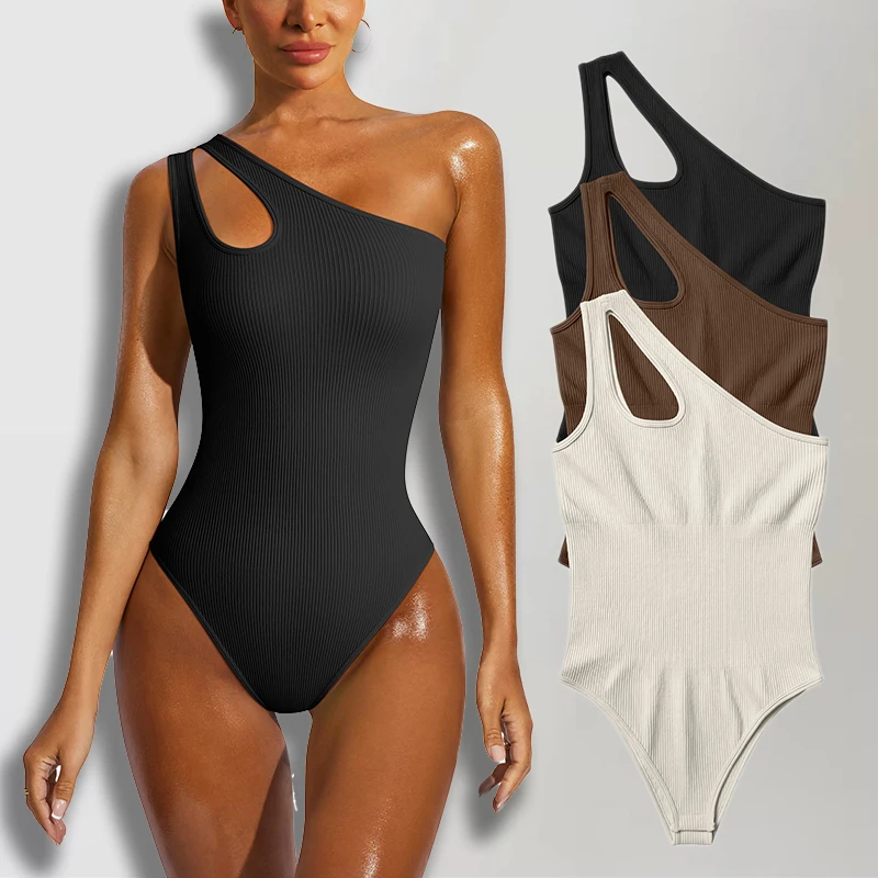 Seamless Bodysuit for Women Tummy Control Tops Cutout Sleeveless Bodysuit Thong Sculpting One-shoulder Sexy Versatile Bodysuits