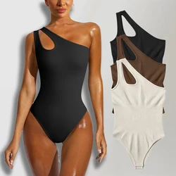 Seamless Bodysuit for Women Tummy Control Tops Cutout Sleeveless Bodysuit Thong Sculpting One-shoulder Sexy Versatile Bodysuits
