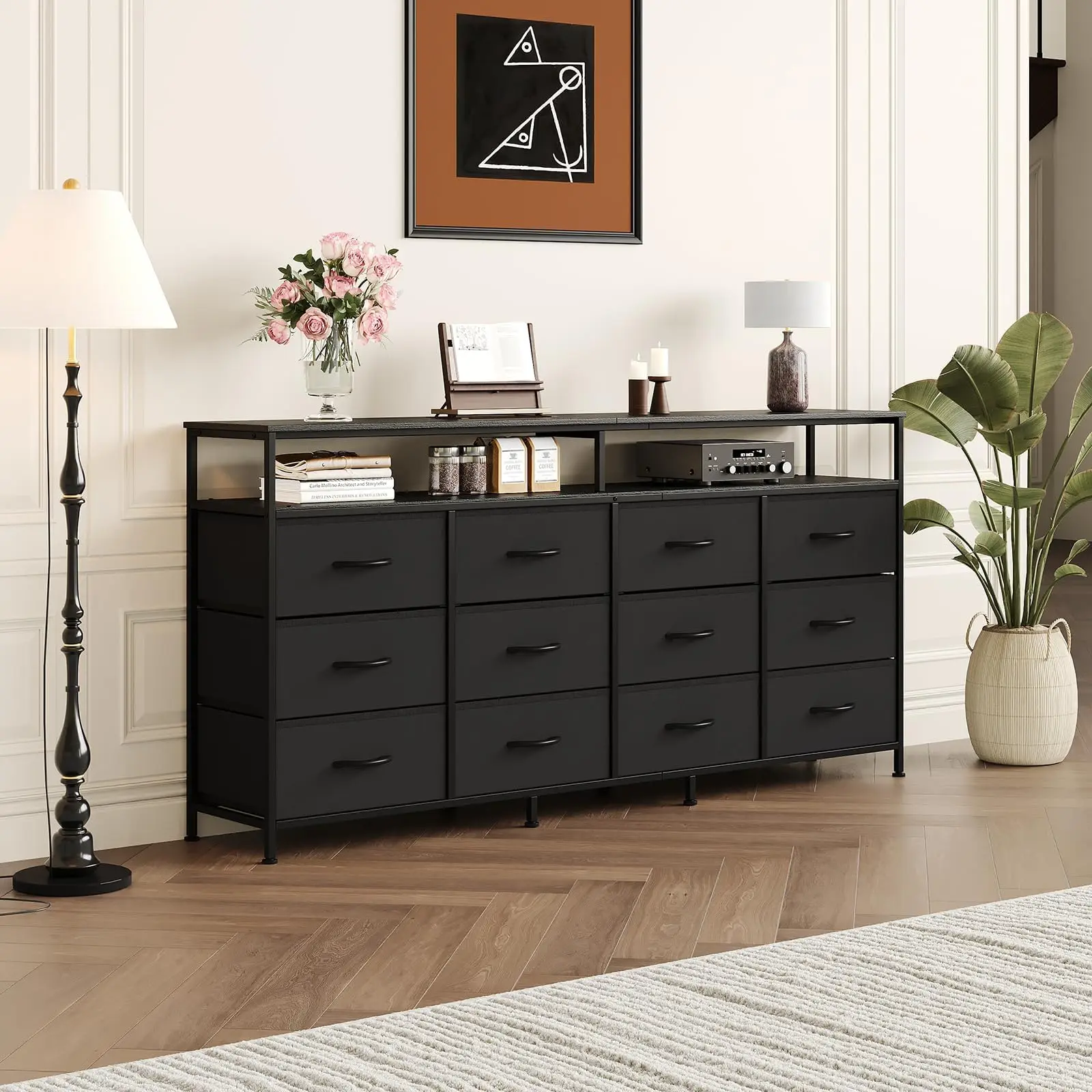 63 Inch Long Dresser For Bedroom With 12 Drawers And 2 Open Cubbies MDF Top And Steel Frame Sturdy Large Chest Of Drawers Also Functions As TV Stand For 65 To 75 Inch TV