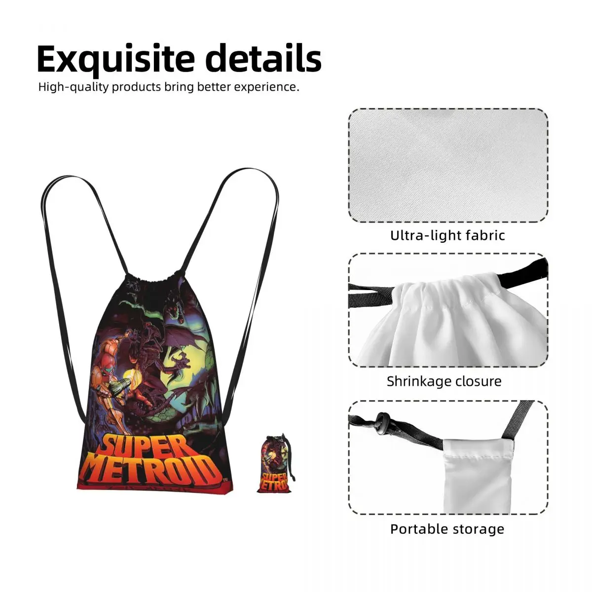 Super Metroid Large Game Drawstring Backpack hiking cycling Bag Portable Travel Drawstring Bag for Men Women