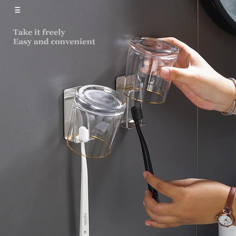 

Stainless Steel Toothbrush Holder Wall Mounted Adhesive Toothbrush Cup Holder Space Saving kitchen bathroom Organizer Rack Shelf
