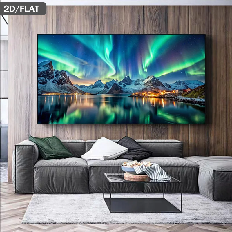 

2D Flat Large Modern The Northern Aurora Canvas Wall Art - Frameless Abstract Calm Lake Canvas Prints for Living Room Decortions