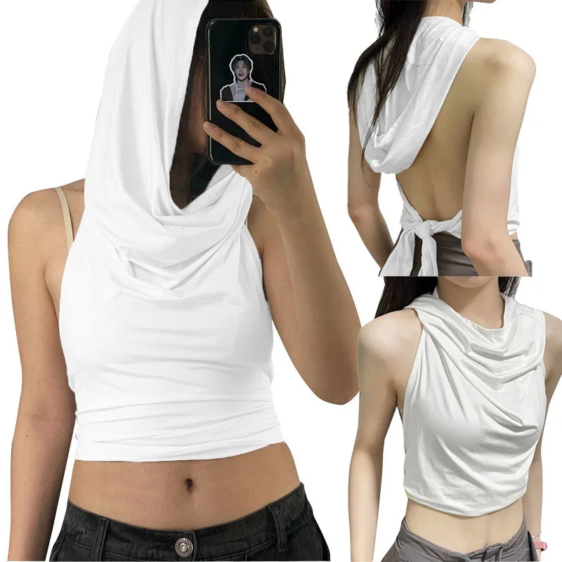 Top Cropped Sexy Sem Costas com Capuz e Gola Estilo Streetwear Moderno Cseta Fena Sem Mangas Design de Decote Redondo ...