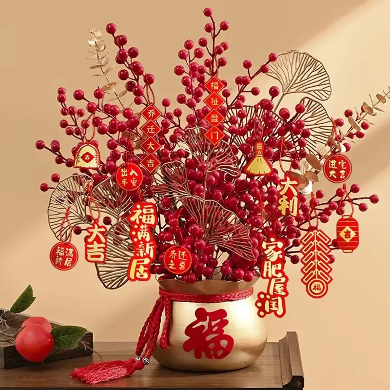 New Year Decoration Metal Vase Lucky Bucket Red Berry Wealth Fruit Flower Accessories Home Livingroom Cabinet Ornaments Crafts
