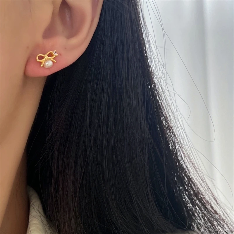 2-piece set of mini elegant zircon pearl bow earrings for ladies, cute daily earrings, birthday and back to school season gifts
