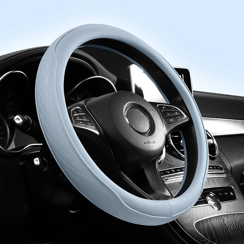 PU Leather Perforated Steering Wheel Cover Durable Leather Cover with Anti-Slip Lining, Fits 14.5-15in Diameter