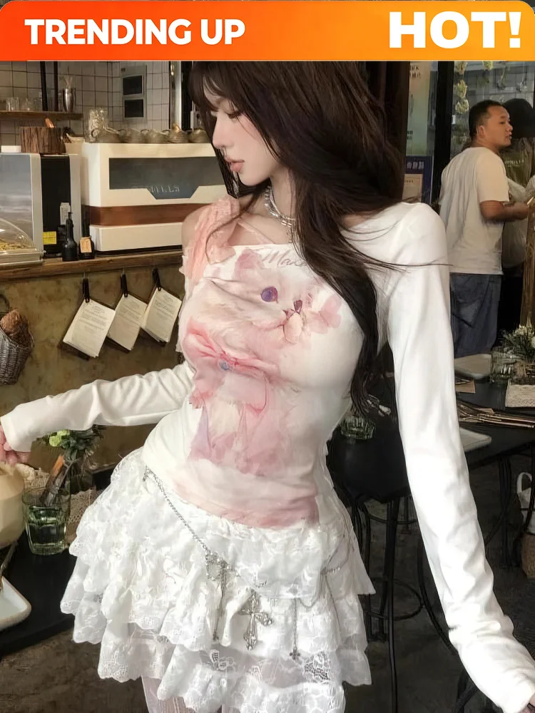 Y2k Cat Print White Off shoulder Long sleeve T shirt Women Front Pink Lace Bow Tied Basic Tops Lady Slim fit Korean Chic Tees