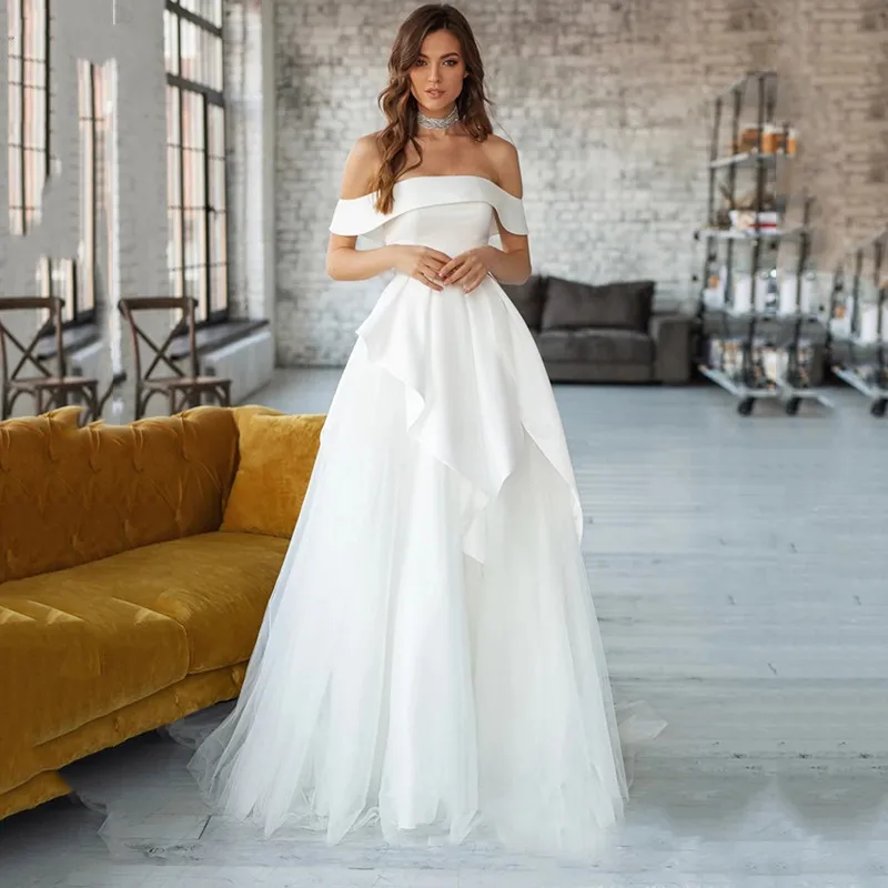 

2023Off-Shoulder Satin Wedding Dresses Bride Gown A-Line Tulle robe de mariée Bride Wedding For Women Party Dresses