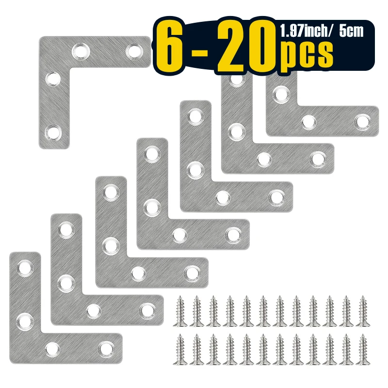 6-20pcs 2Inch Silver Stainless Steel L Flat Shape Braces Corner Bracket, 50mm Decorative Corner Brackets Mending Plate