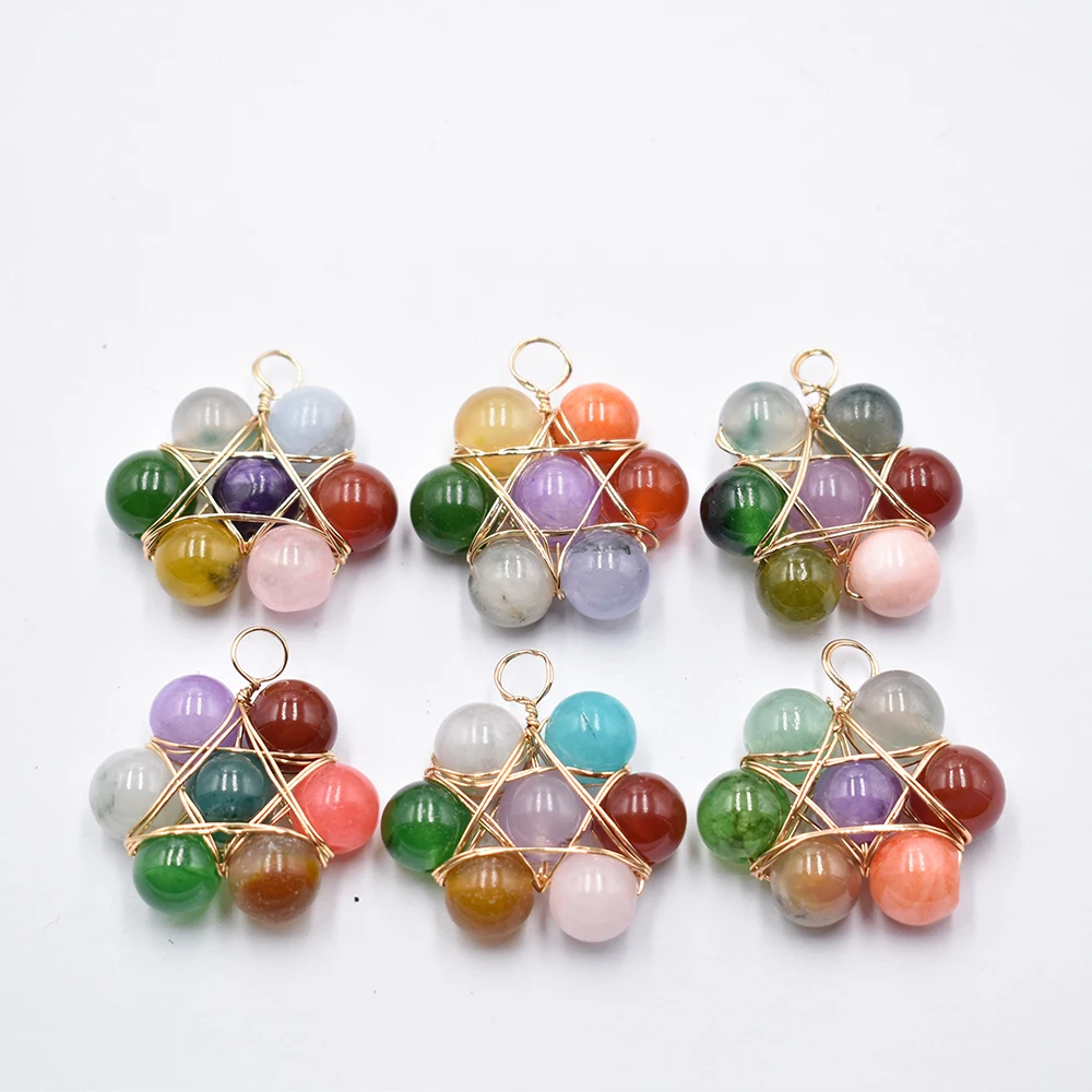 Wholesale 6pcs/lot Fashion Natural Stone Pendant Seven Chakras Golden Wire-Wrapped Pendant Jewelry Making Free Shipping