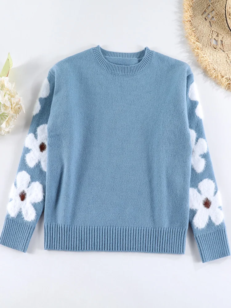 2024 Flower Sweater Women Fashion Round Neck Printed Long Sleeve Knitted Pullover Popular Top Autumn Winter Sweaters