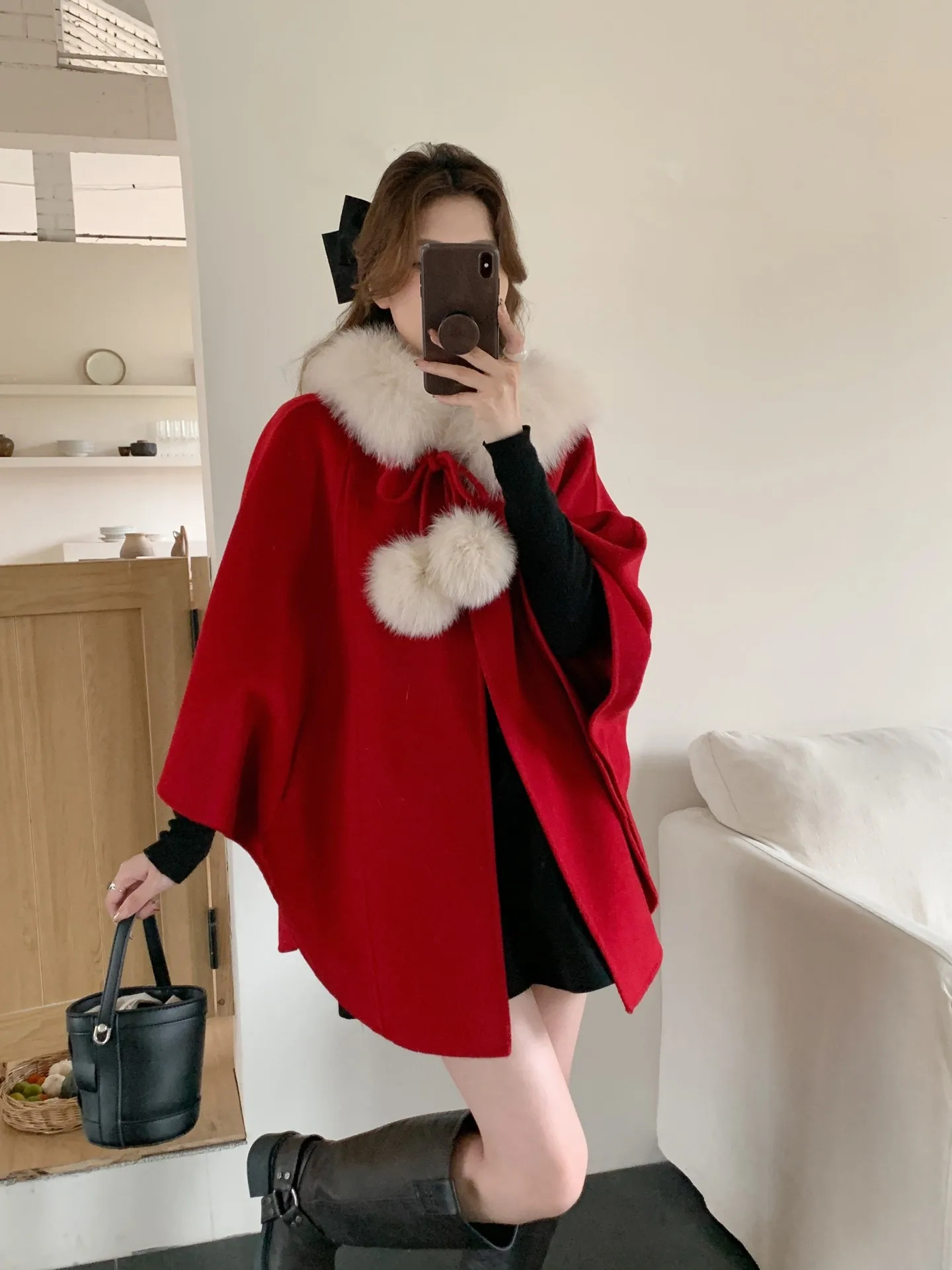 Rose Fairy 2025 Autumn/Winter New Fox fur collar red cape Double-sided woolen cashmere coat, woolen jacket for women
