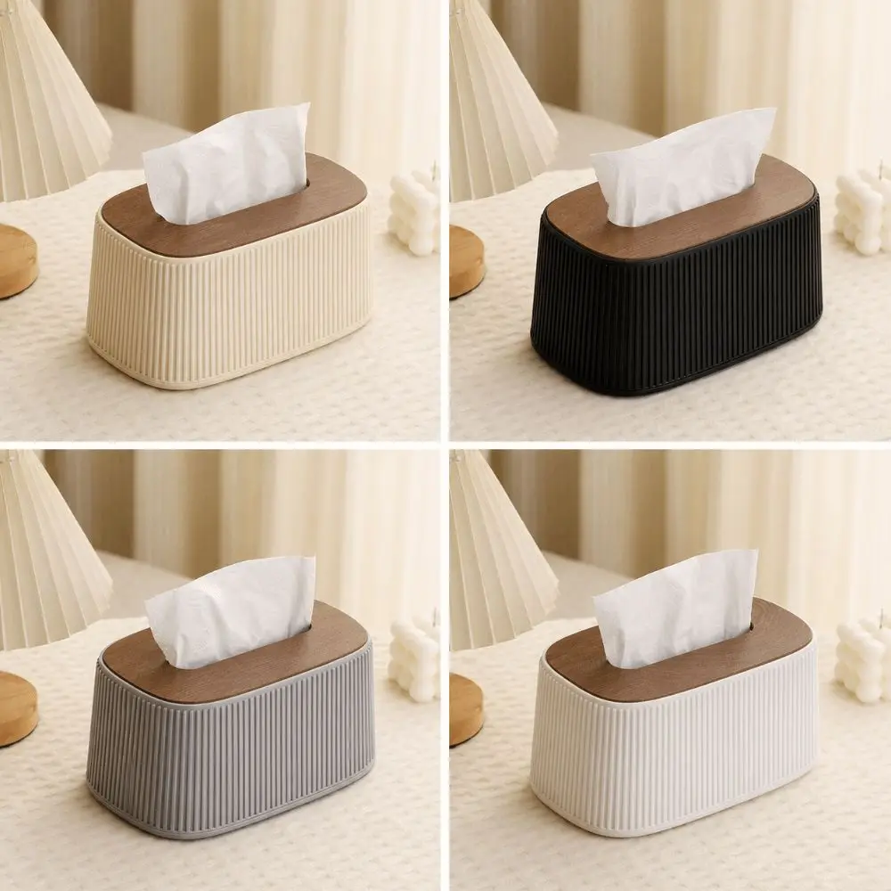 Large Opening Tissue Box With Lid Space-saving Auto Lift Spring Tissue Dispenser Stripe Pattern Square Tissue Box Desktop Use