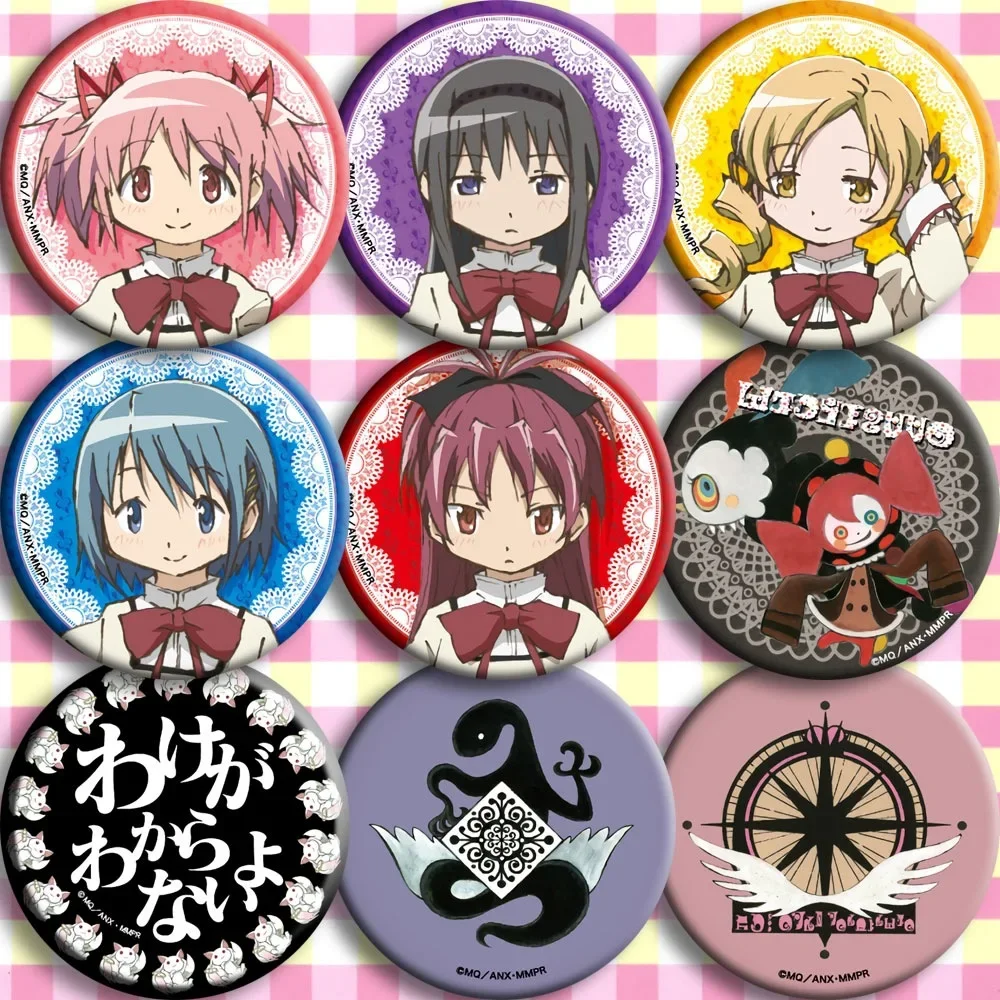 58mm HD Costumes Badge Miki Sayaka Akemi Homura Kaname Madoka Kawaii Girls Anime Peripherals School Supplies Backpack Decoration