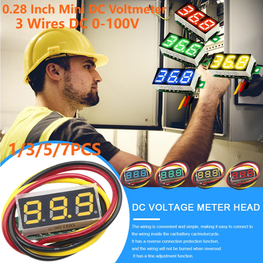 3 Wires Digital Voltage Tester 0-100V 0.28 Inch Mini DC Voltmeter LED Screen Red/Blue/Yellow/Green Accurate Pressure Measurement