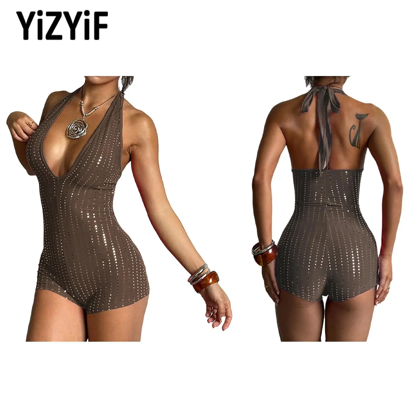 

Women's Jumpsuit Swimsuit Swimwear Yoga Workout Gym Fitness Sportswear Shiny Sequins Halter Lace-Up Sleeveless Leotard Bodysuit