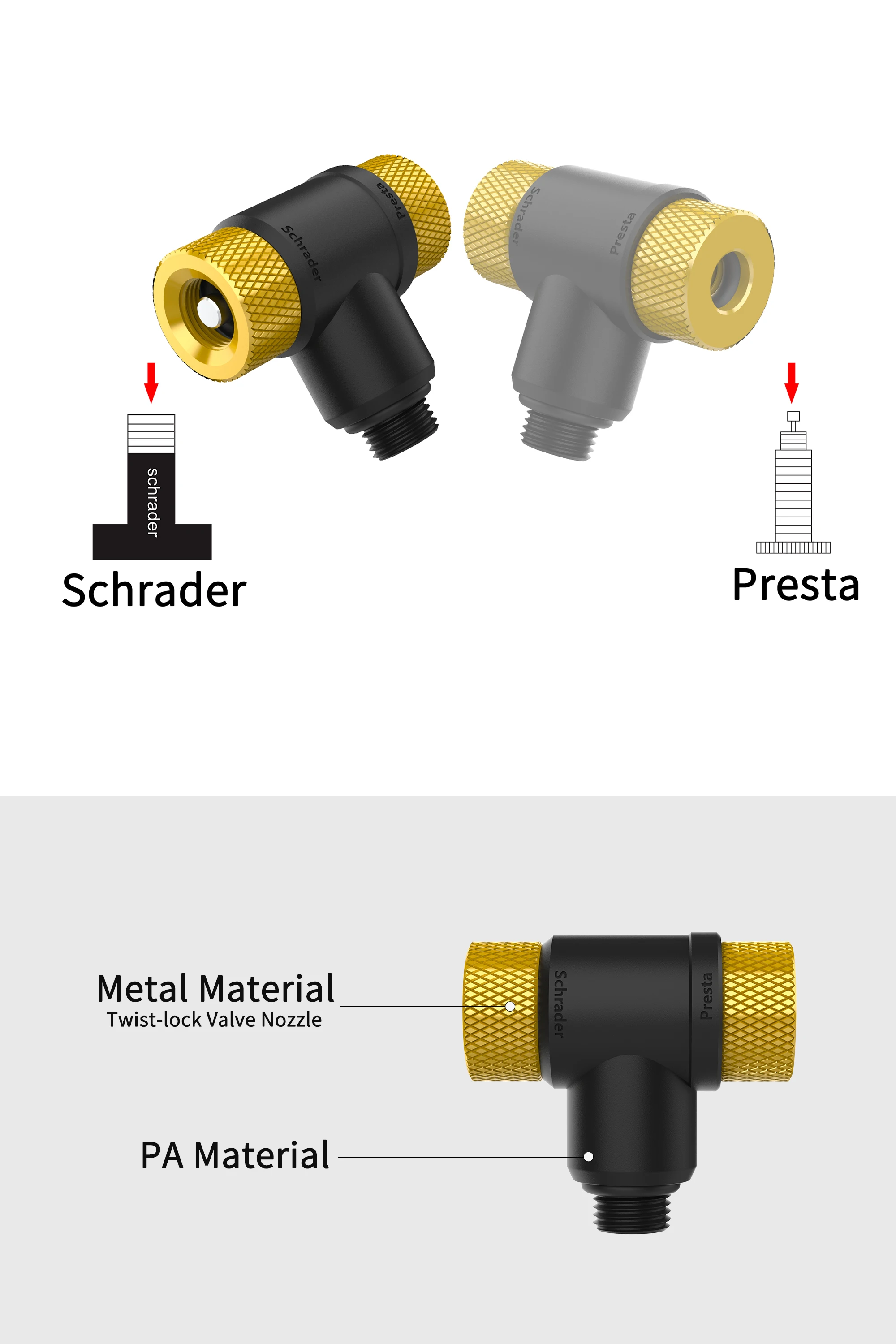 Doppelkopf-Fahrradpumpenadapter F/V A/V Schrader Presta Ventil-Konverter für Fahrradausrüstung – Detail 2