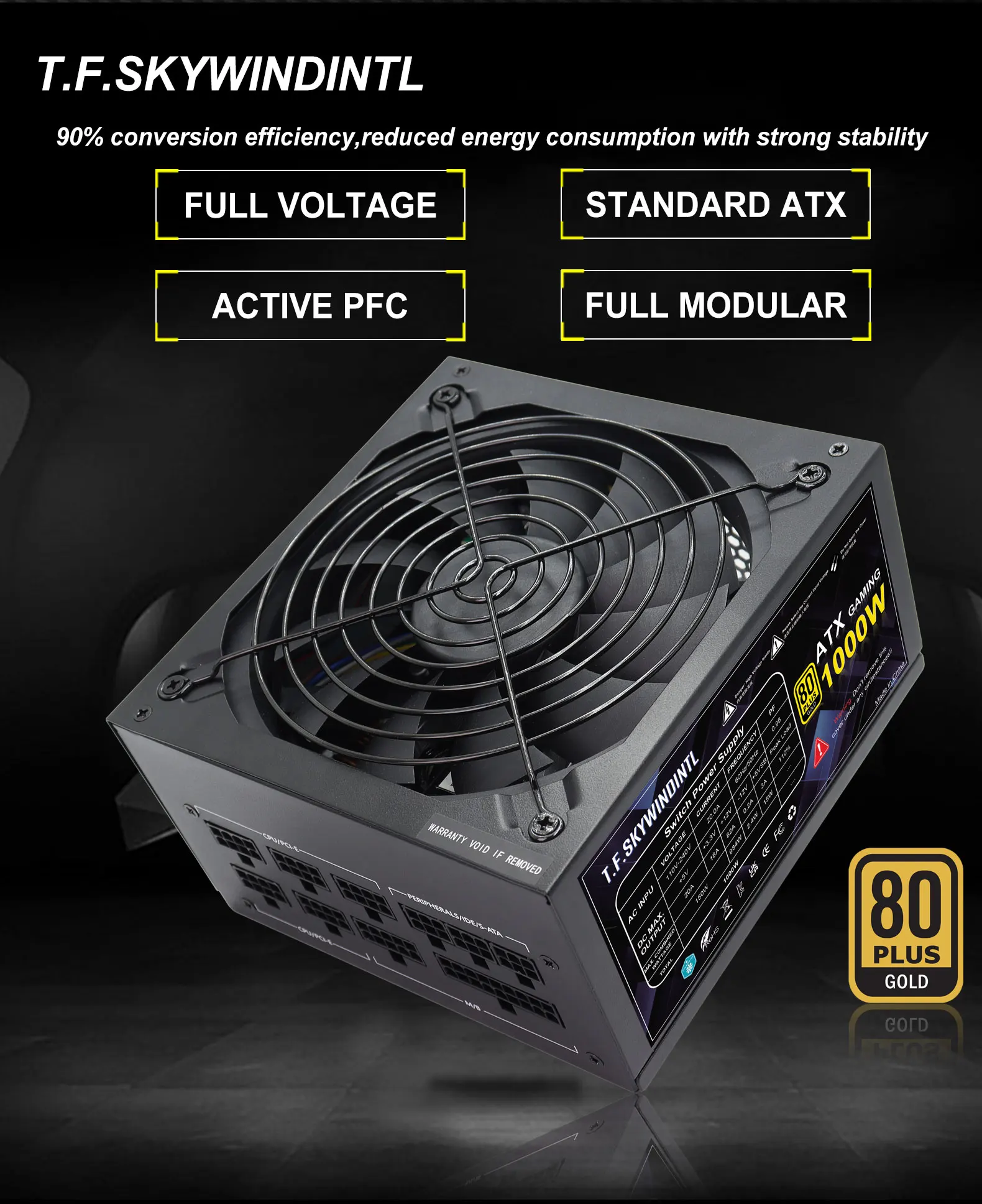 1000W Power Supply 80+ Gold, Full Modular, ATX 3.0 Gaming PSU, 130mm Low Noise Fan, 20+4Pin | 4+4Pin CPU