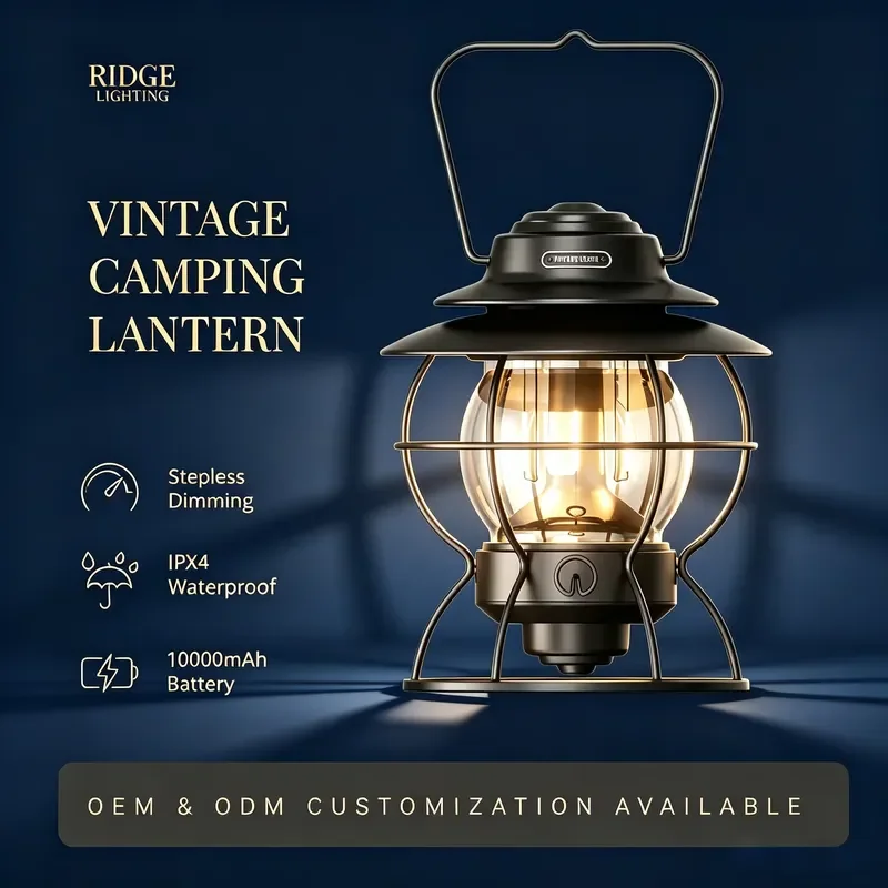 Retro LED Camping Lantern 10000mAh 120H IPX4 Waterproof 350LM Dimmable 2700K Warm White 50000 Hours Lifespan Type-C CE/FCC