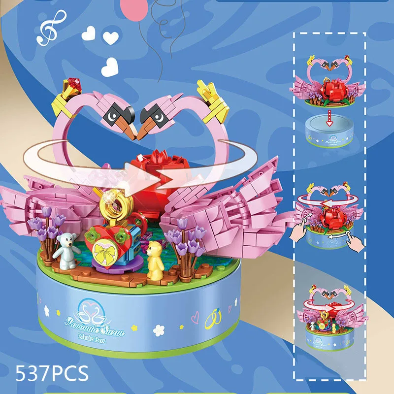 Moc girando rosa cisne amor pássaros caixa de música blocos de construção conjunto romântico ganso decoração brinquedos aniversário feriado presentes do dia dos namorados