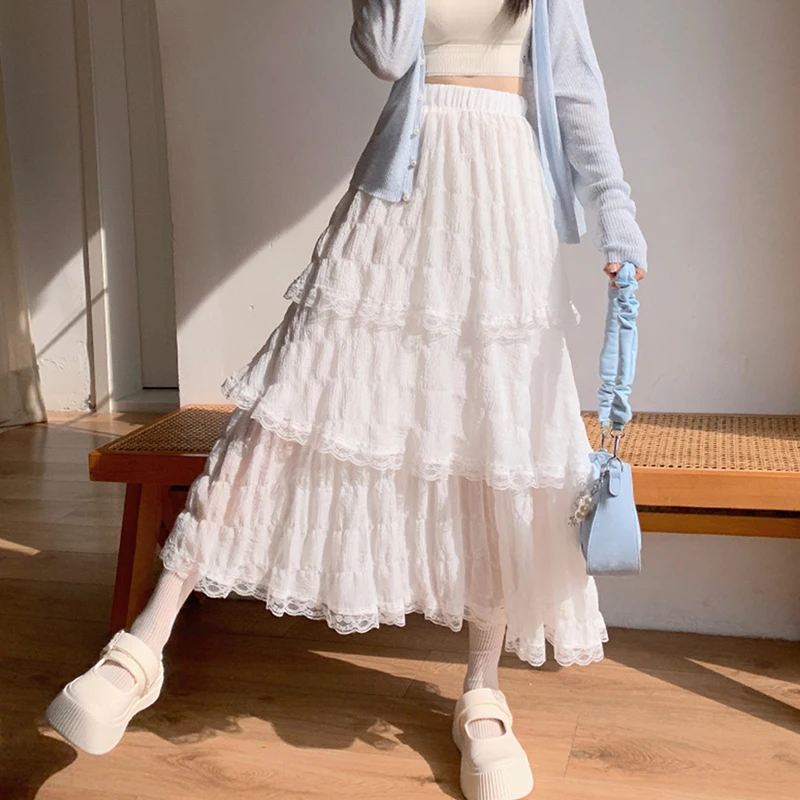 Sweet Lace Women Cake Puff Chiffon Skirts Summer Stylish Tierred Pleated Hem Solid Long Skirt Korean A-Line High Waist Skirts