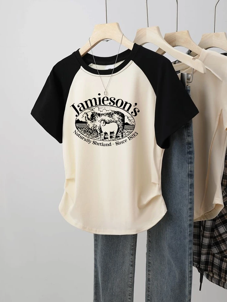 Retro Amerikaanse kleur Blo oulder Insert T-shirt dames zomer nieuwe ort Sve onregelmatige losse top katoen cartoon print