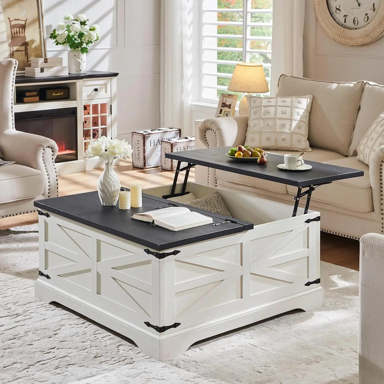 

White Rustic Lift Top Coffee Table with Hidden Storage, Square Dining Table for Living Room