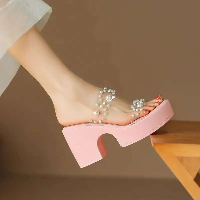 

Женские шлепанцы на массивном каблуке с прозрачным ремешком, женская обувь на платформе и высоком каблуке, женские шлепанцы, платье с кристаллами Chanclas De Mujer Pantuflas