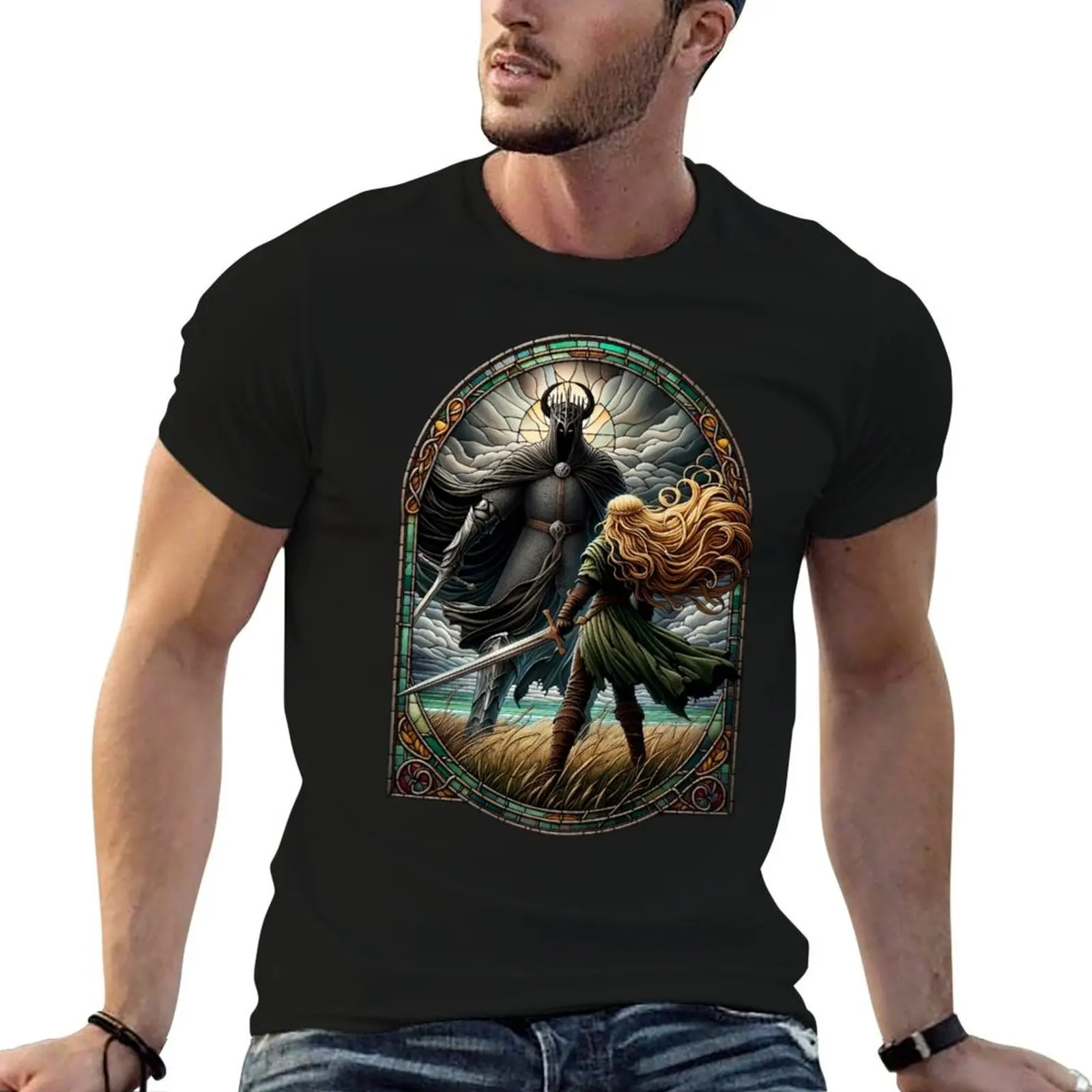 

Epic Duel in Stained Glass - A Fierce Maiden and a Dark Wraith - Fantasy T-Shirt man t shirt luxury t shirt man cotton T-Shirt
