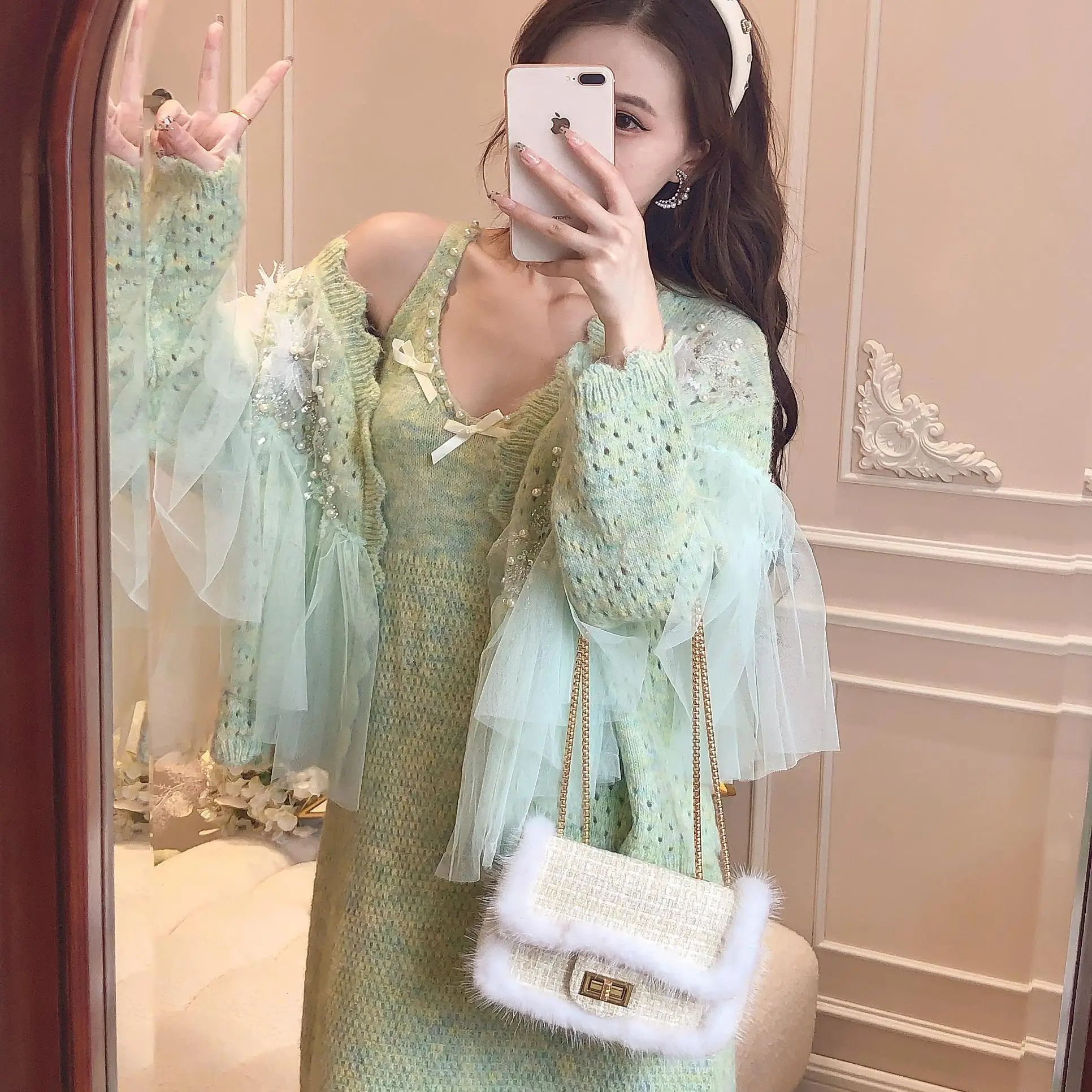 

Aris Early Autumn Winter Floral Patchwork Hollow out Mesh Jacket Strap Dress Two Piece Set Women French Style Floral Pattern