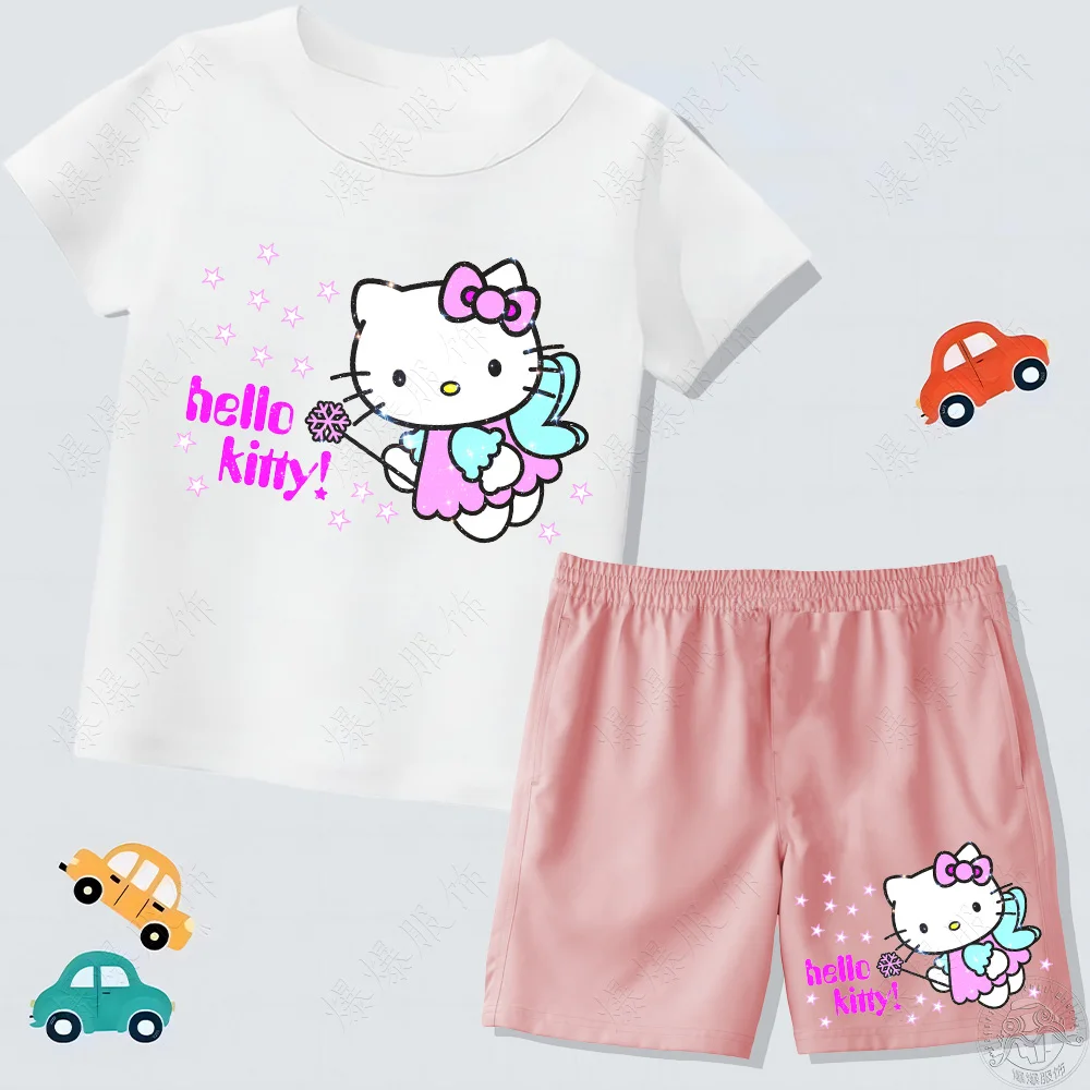 2024 Children's set 4-12 years old girl cartoon cute sweet hellokitty flower pattern round neck cotton short sleeve T-shirt top